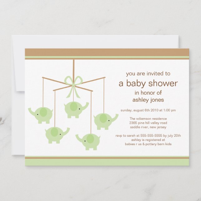 Invitation au Baby shower mobile Green Elephant (Devant)