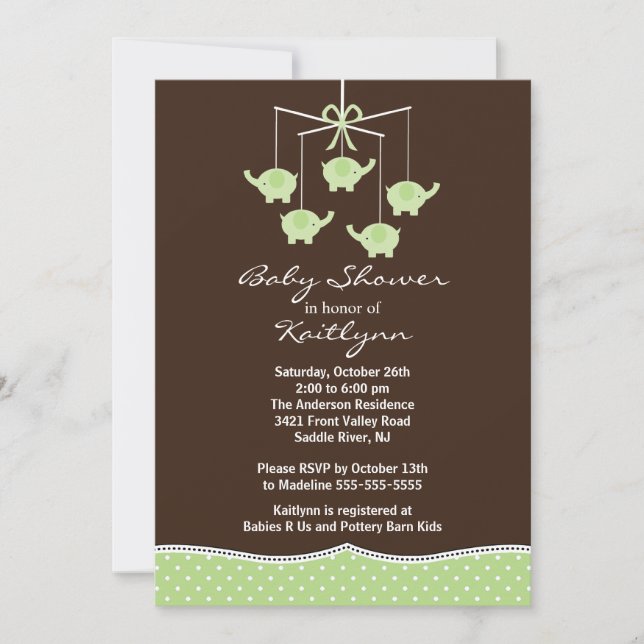 Invitation au Baby shower mobile Green Elephant (Devant)