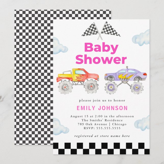 Invitation au Baby shower Monster Truck Girl (Devant / Derrière)