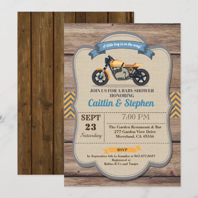 Invitation au baby shower moto rétro Vélo jaune (Devant / Derrière)