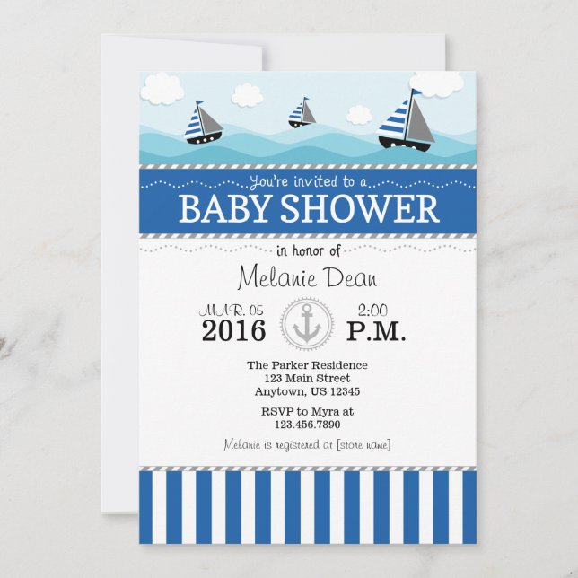 Invitation au Baby shower nautique bleu (Devant)