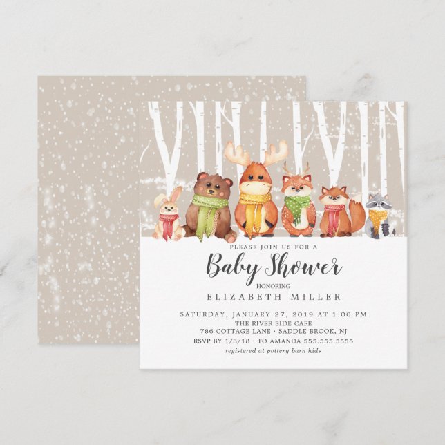 Invitation au Baby shower neutre en bois d'hiver (Devant / Derrière)