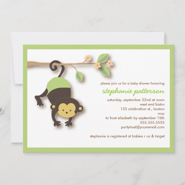Invitation au Baby shower neutre et sucré de singe (Devant)