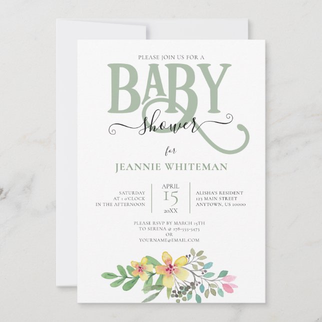 Invitation au BABY SHOWER NEUTRE Floral GENDER (Devant)