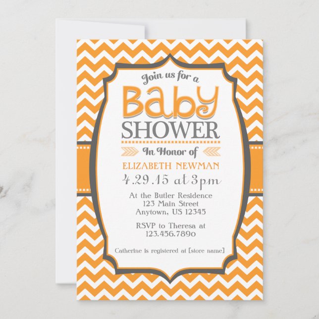 Invitation au Baby shower Orange Grey Chevron (Devant)