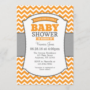 Invitation au Baby shower Orange Grey Chevron
