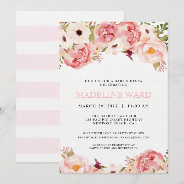 Invitation au Baby shower Peony (Devant / Derrière)