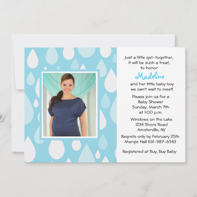 Invitation au Baby shower photo bleu Raindrops (Devant)