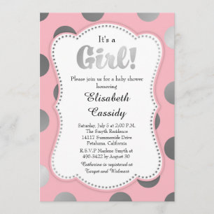 Invitation au Baby shower Pois rose et argent