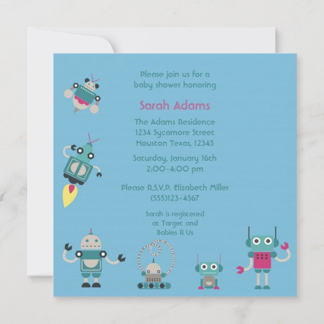 Invitation au Baby shower pour garçons Blue Robot  (Dos)