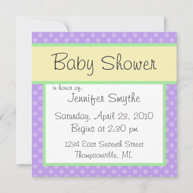 Invitation au Baby shower pourpre Polka Dotty (Devant)