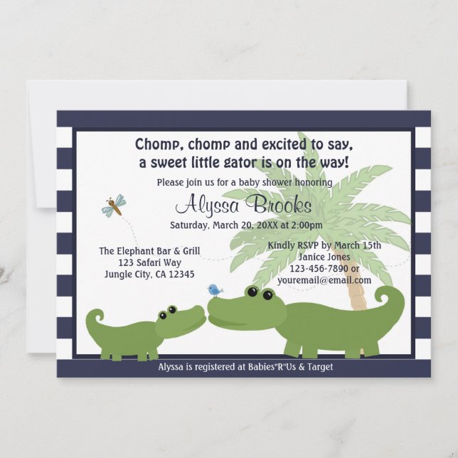 Invitation au baby shower rayé bleu Alligator AMP (Devant)