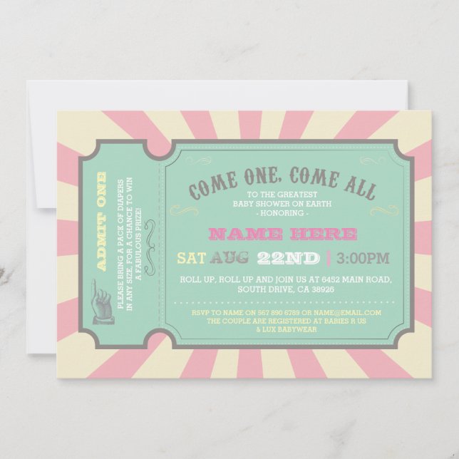Invitation au Baby shower rose des billets de cirq (Devant)