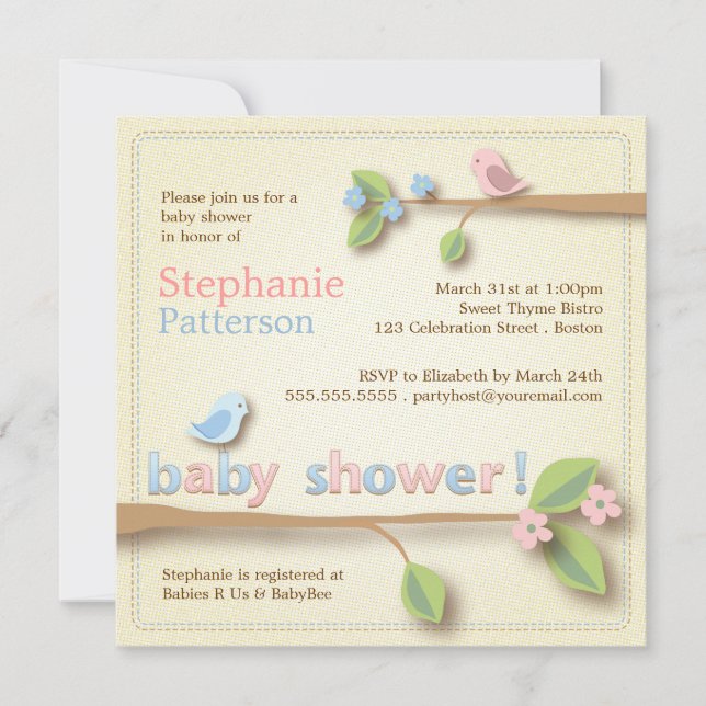 Invitation au Baby shower rose et bleu de Birdie (Devant)