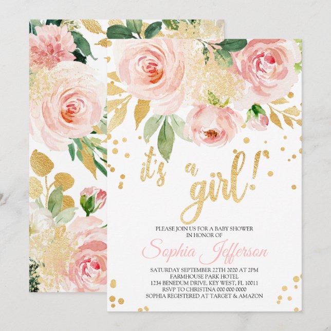 Invitation au Baby shower rose et or (Devant / Derrière)