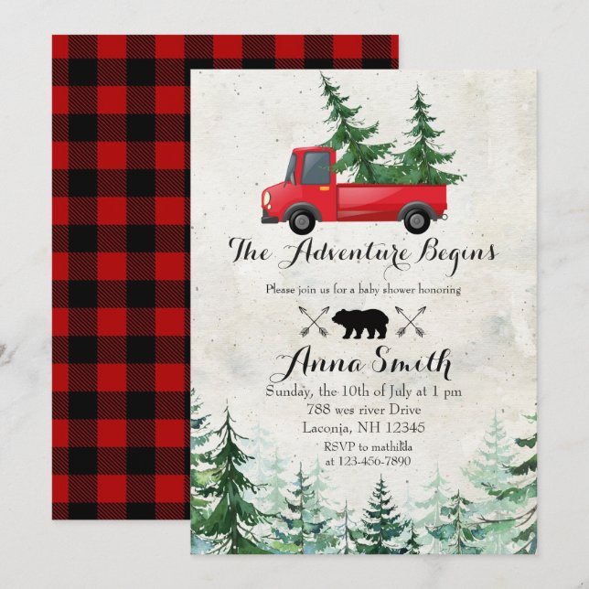 Invitation au Baby shower rouge des sapins de Noël (Devant / Derrière)