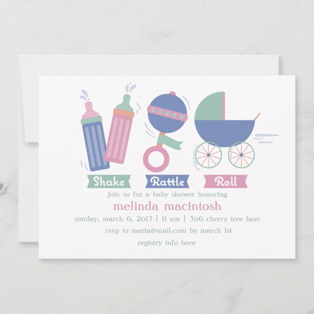 Invitation au Baby shower Shake Rattle & Roll (Devant)