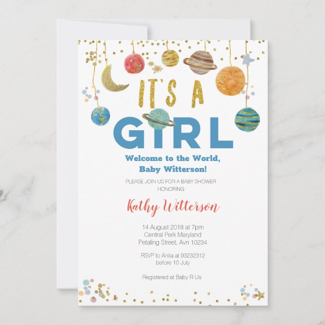 Invitation au Baby shower spatial de Girls Planets (Devant)
