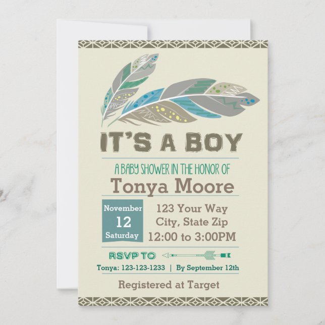 Invitation au Baby shower tribal de plume (garçon) (Devant)