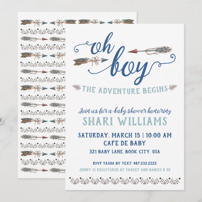 Invitation au Baby shower tribal Oh Boy (Devant / Derrière)