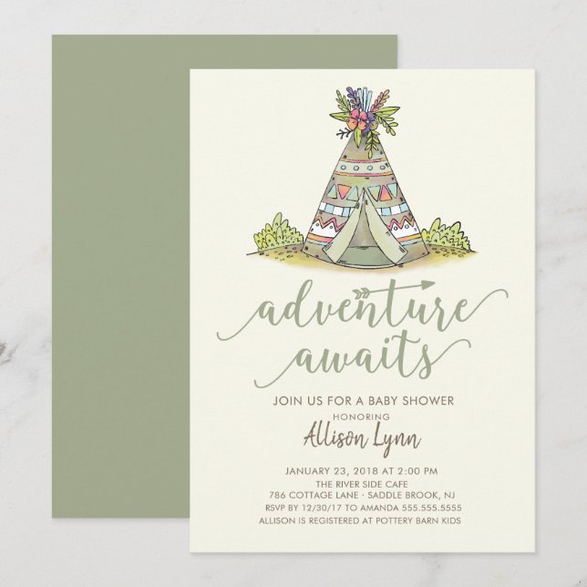 Invitation au Baby shower tribal Teepee (Devant / Derrière)