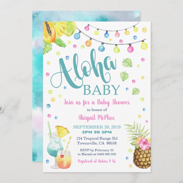 Invitation au Baby shower tropical d'Aloha (Devant / Derrière)