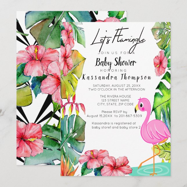 Invitation au Baby shower tropical flamingle (Devant / Derrière)
