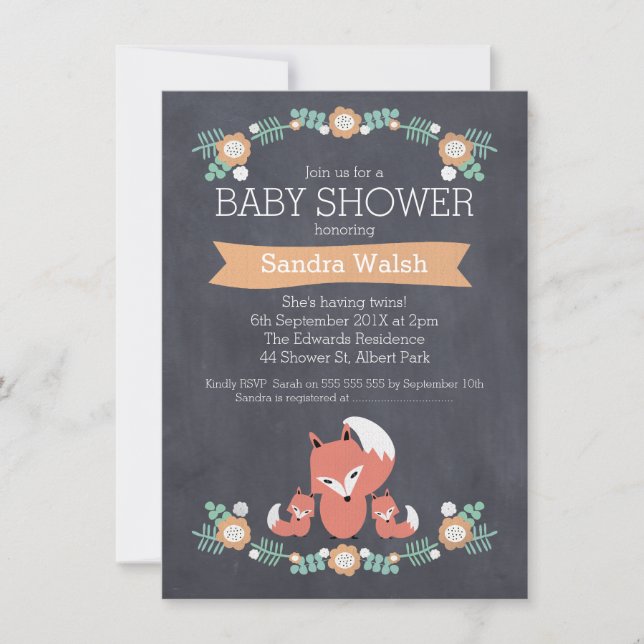 Invitation au Baby shower Twin Fox neutre pour le  (Devant)