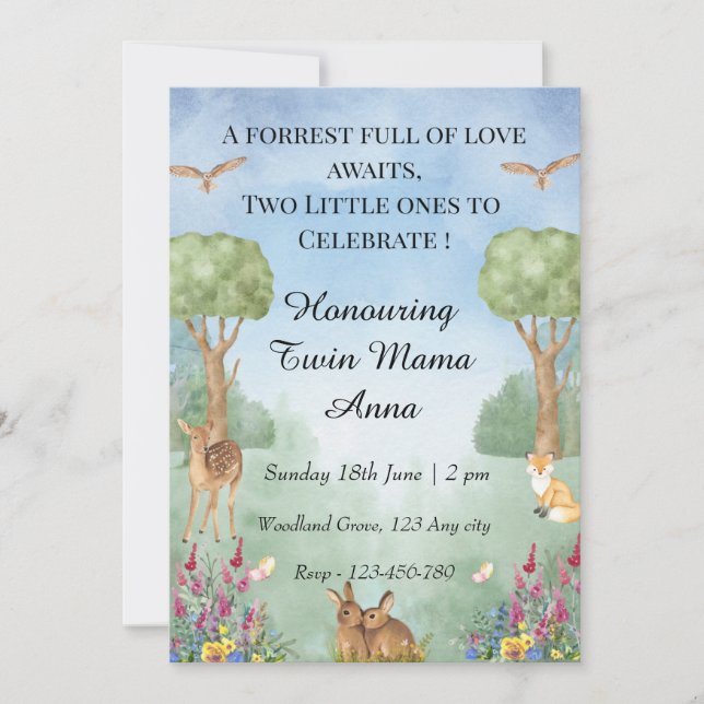 Invitation au Baby shower Twin Woodland (Devant)
