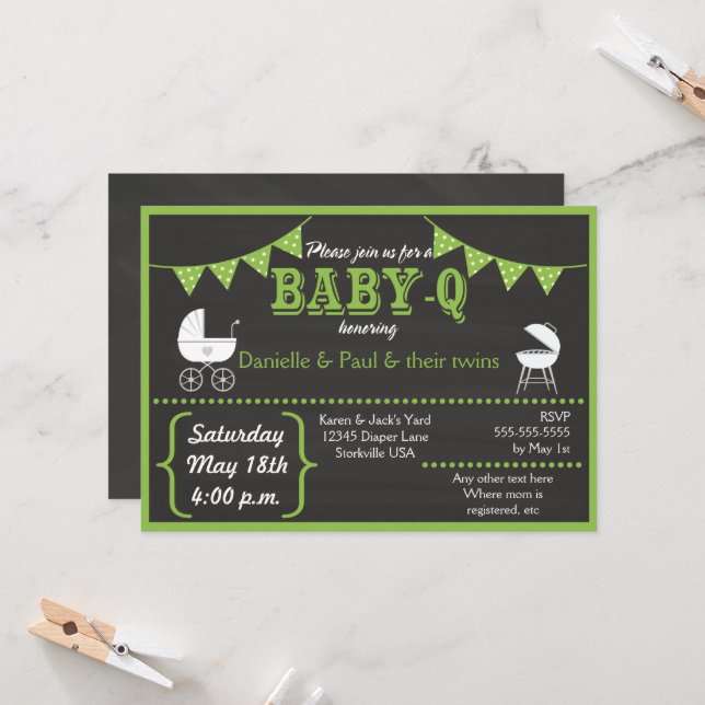 Invitation au Baby shower vert Baby-Q Chalkboard (Devant/Arrière en situation)