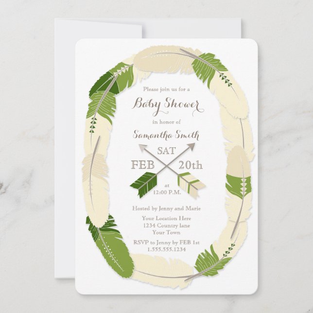 Invitation au Baby shower vert Boho Feather & Flro (Devant)