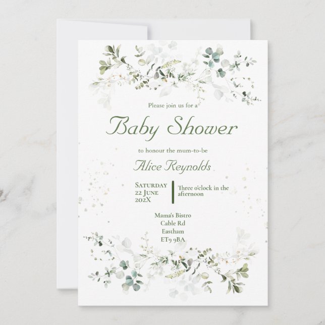 Invitation au Baby shower vert botanique (Devant)