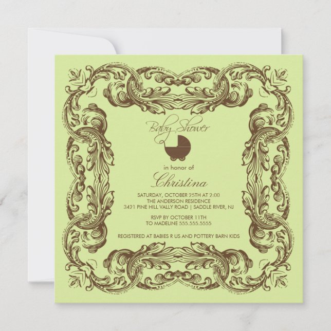 Invitation au Baby shower vert Brown de cadre Vint (Devant)