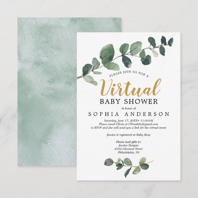 Invitation au Baby shower virtuel Eucalyptus (Devant / Derrière)