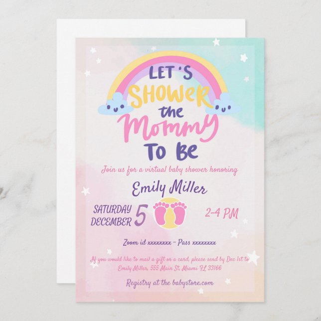 Invitation au Baby shower virtuel Rainbow (Devant / Derrière)