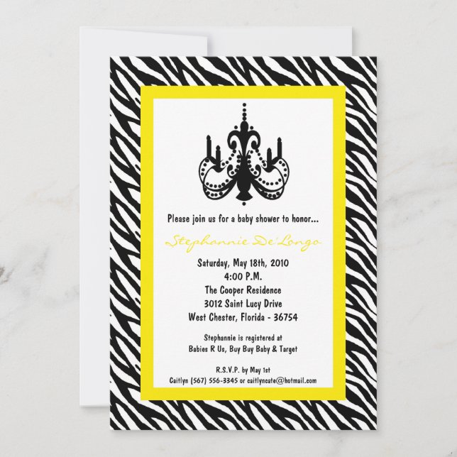 Invitation au Baby shower Zèbre Jaune Chandelier 5 (Devant)