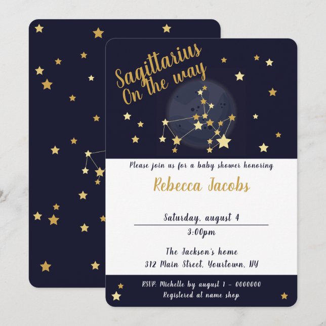 Invitation au Baby shower zodiaque de Sagittarius (Devant / Derrière)