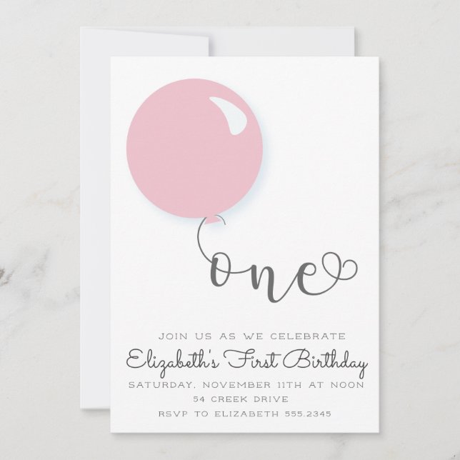Invitation au ballons rose pour le premier anniver (Devant)