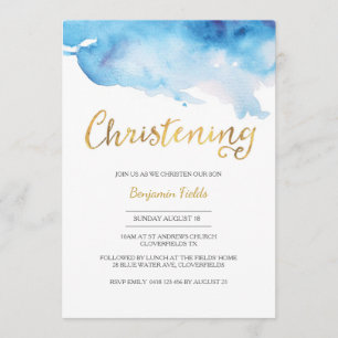 Invitation au baptême   aquarelle bleue et or