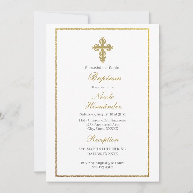 Invitation au baptême avec cadre en or (Devant)