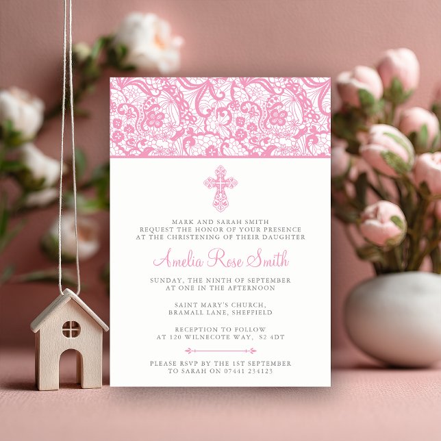 Invitation au baptême/baptême pour les filles (Graceful and timeless 💕 A pink lace christening invitation for your baby girl’s special day.)
