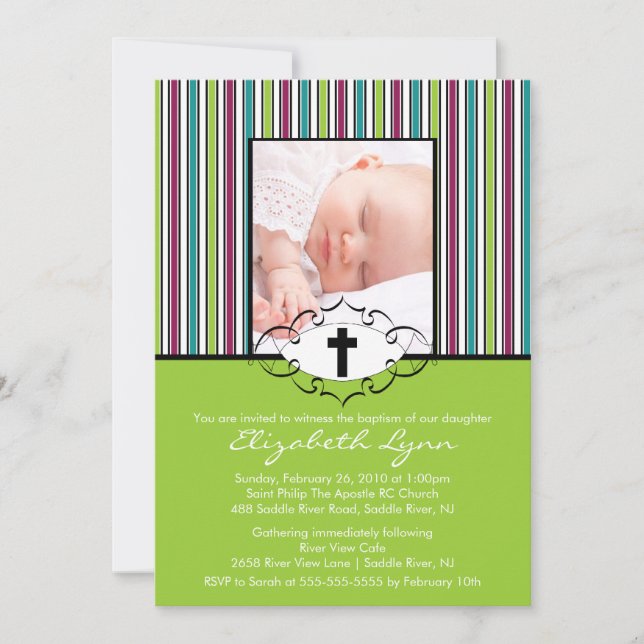 Invitation au baptême Christening Photo Green Stri (Devant)