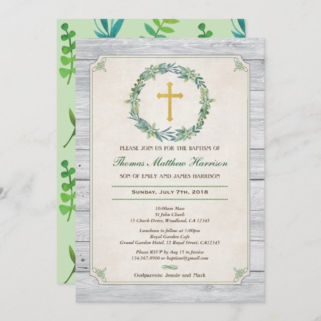 Invitation au baptême. Couronne verte bois rustiqu (Devant / Derrière)