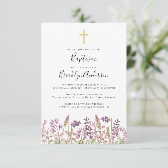 Invitation au baptême | Croix Fleur sauvage (Debout devant)