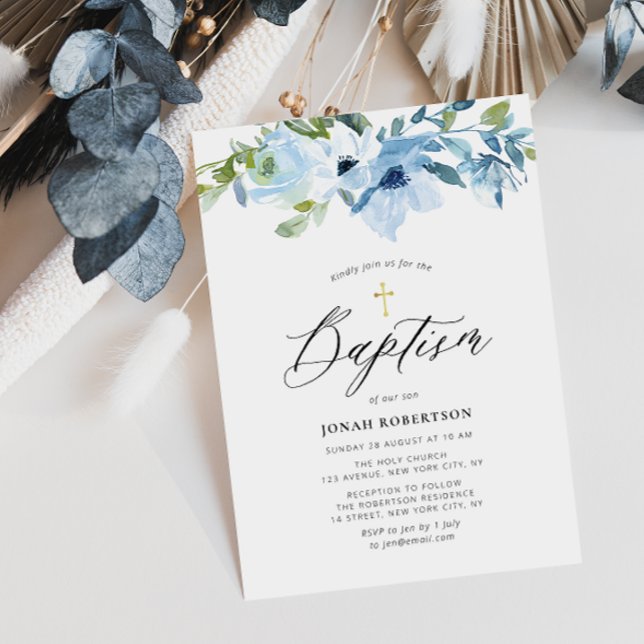 invitation au baptême de bébé bleu fleuri (Créateur téléchargé)