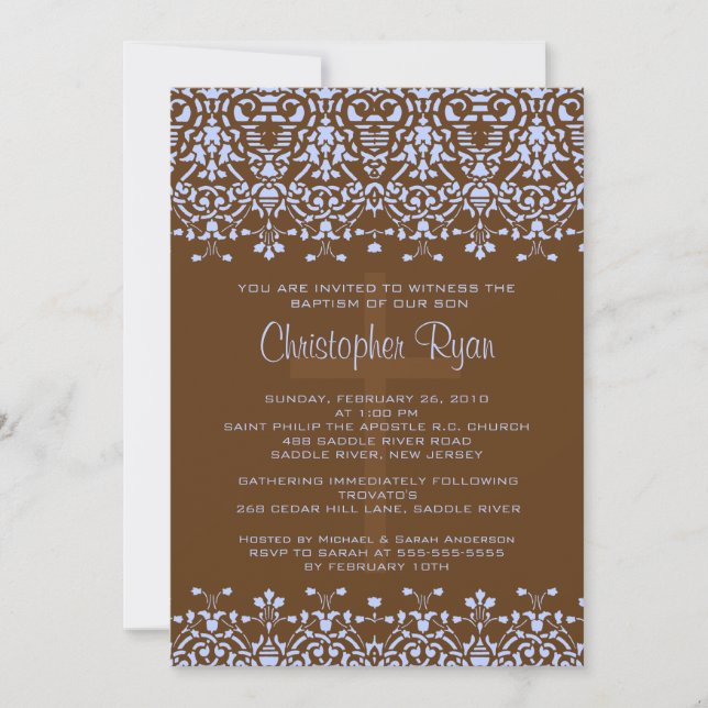 Invitation au baptême de Damas Brown et bleu (Devant)