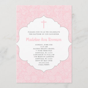 Invitation au baptême de fille damas rose tendan