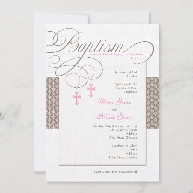 Invitation au baptême de filles jumelles Damask (Devant)