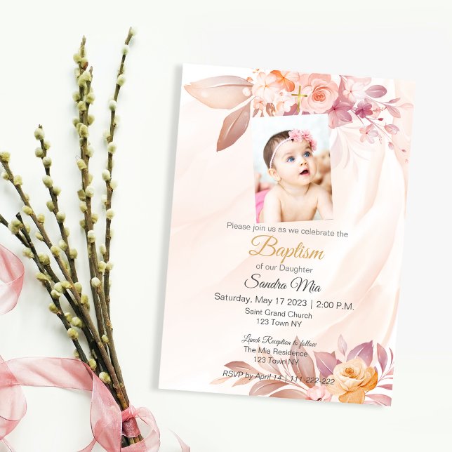 Invitation au baptême de fleurs rose orange (Orange Pink Floral Baptism
Invite)