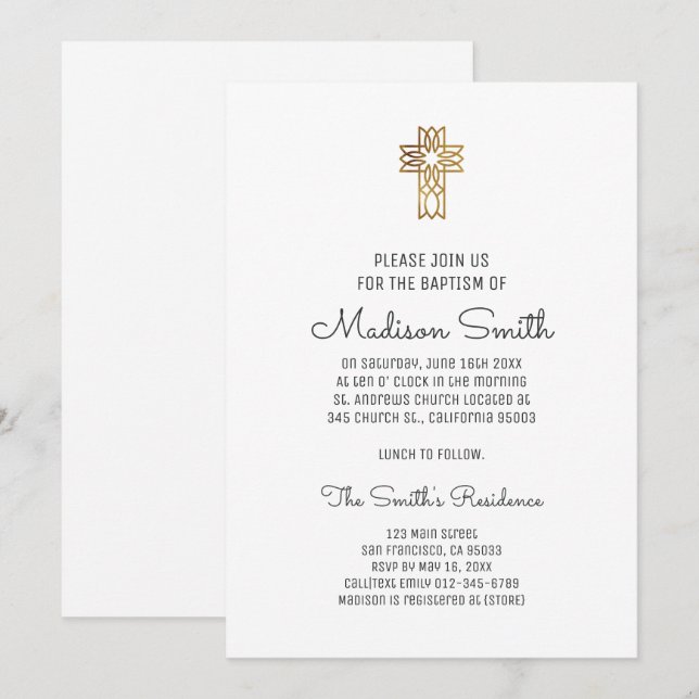 Invitation au baptême de la Croix d'or simple de F (Devant / Derrière)